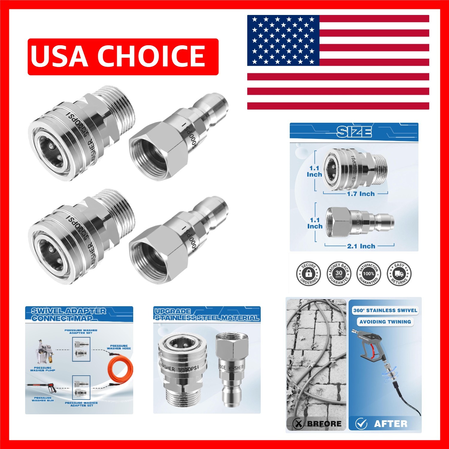 Comprehensive 4 Pack M22 14mm Quick Connect Stainless Steel Pressure Adapters