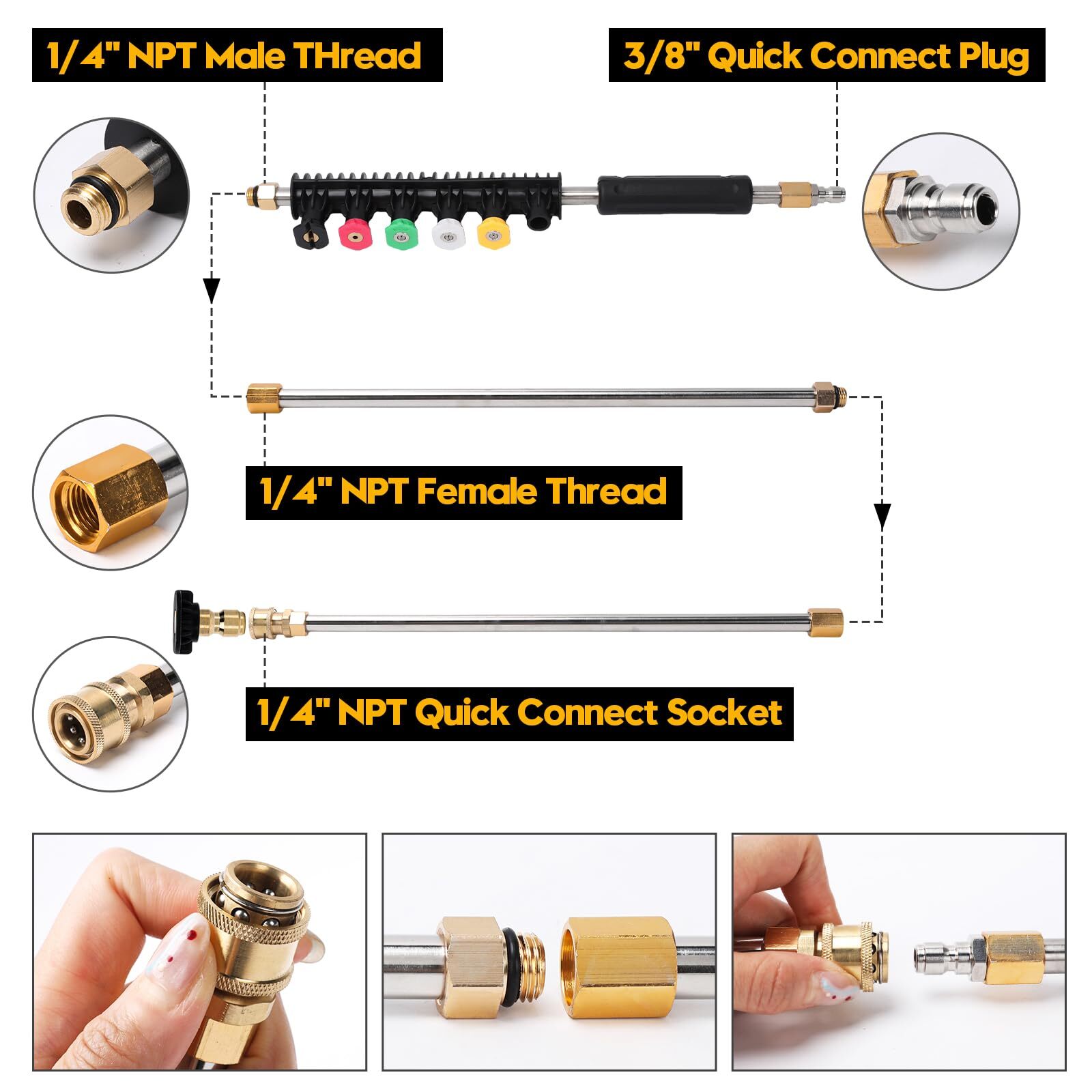 Pressure Washer Wand Set 9 PCS Lance 6 Nozzle Tips Curved Rod 1/4 Connect