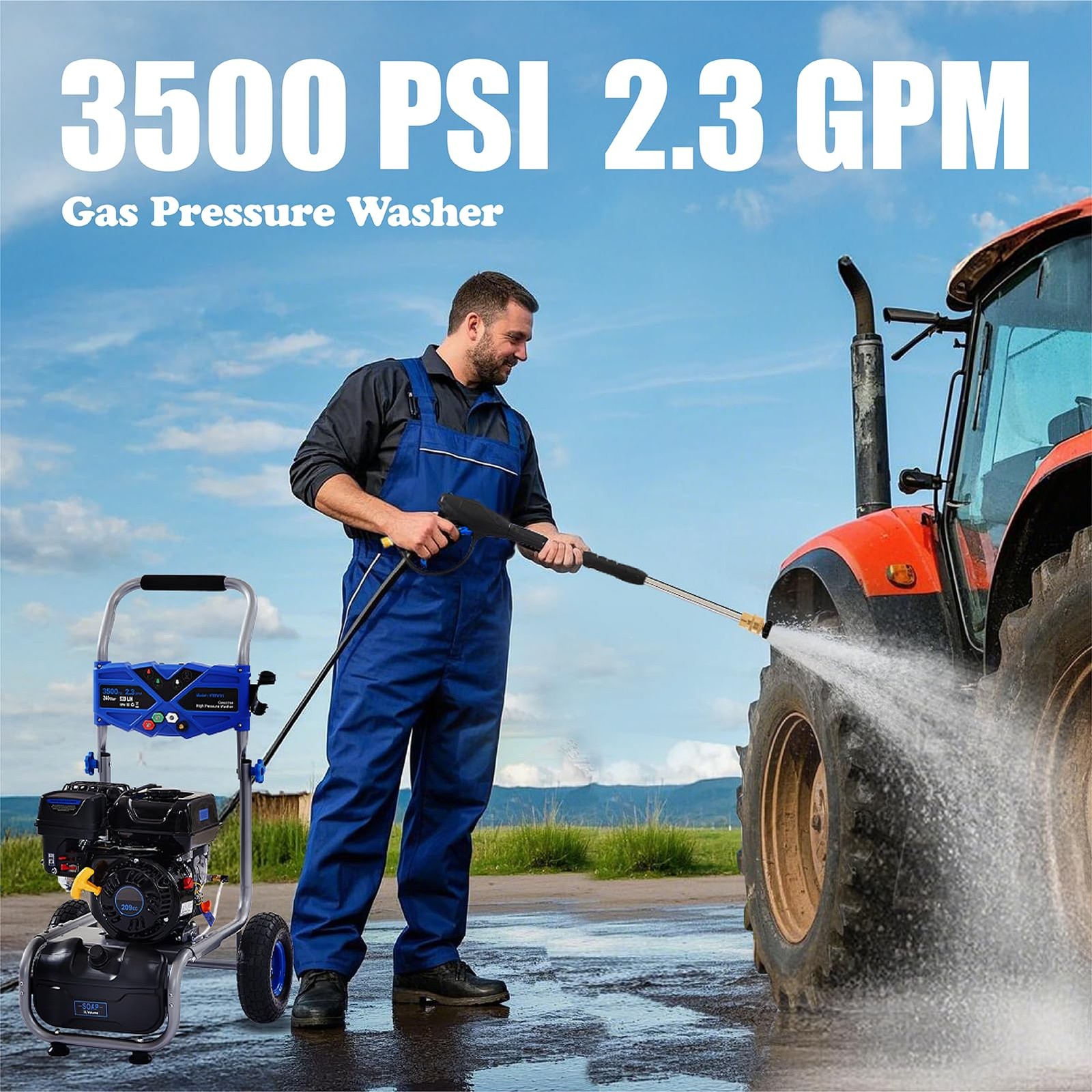 Efurden Gas Powered Pressure Washer 3500 PSI 2.3 GPM with 25ft Hose&3L Soap Tank