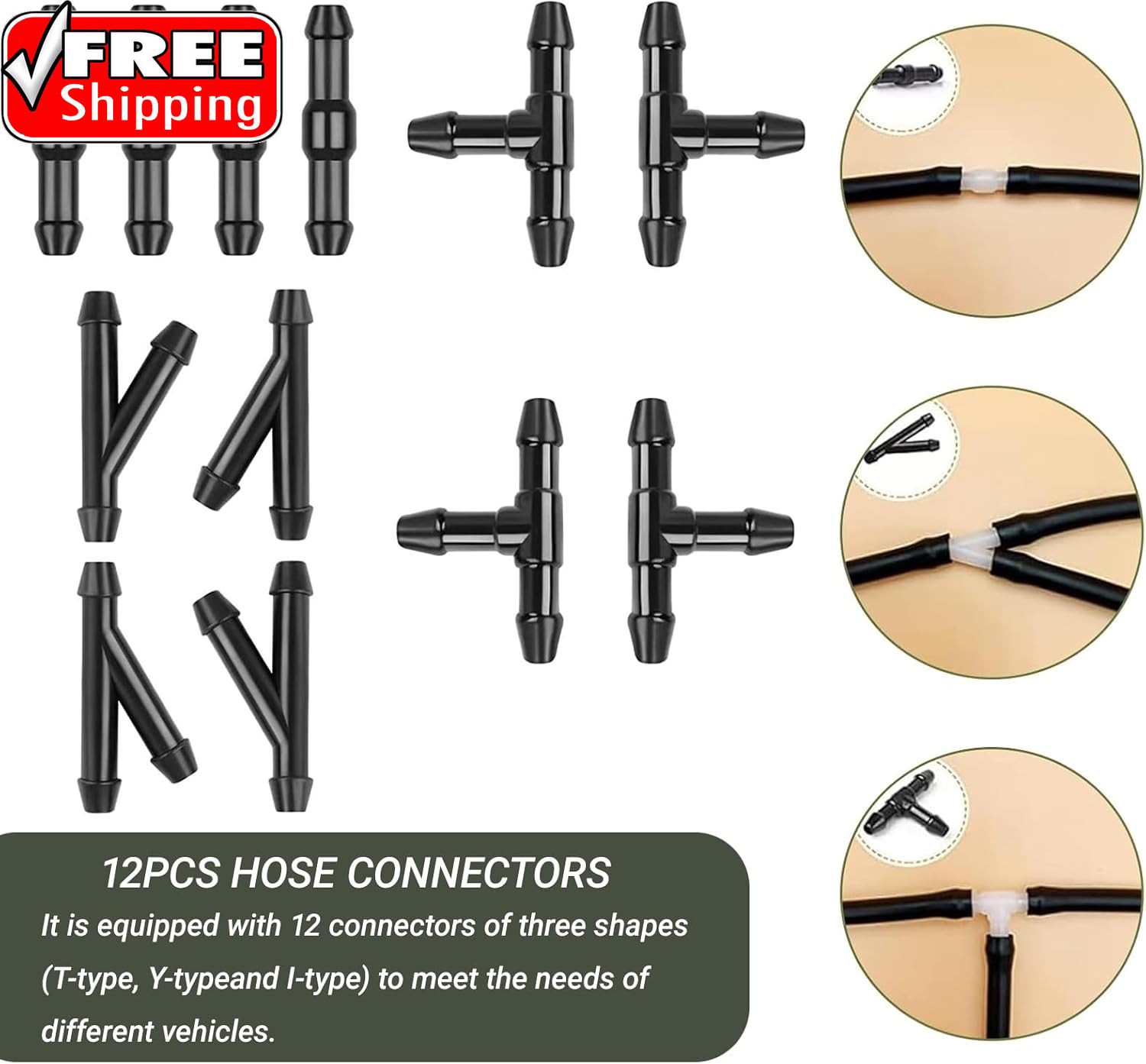 Windshield Washer Hose Kit, 5M Washer Fluid Hose with 12 Pcs Connectors, 2 Fan N