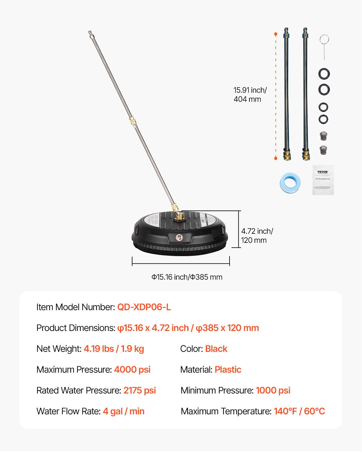 VEVOR 15″ Pressure Washer Surface Cleaner 4000 Max PSI Plastic 2 Extended Wands