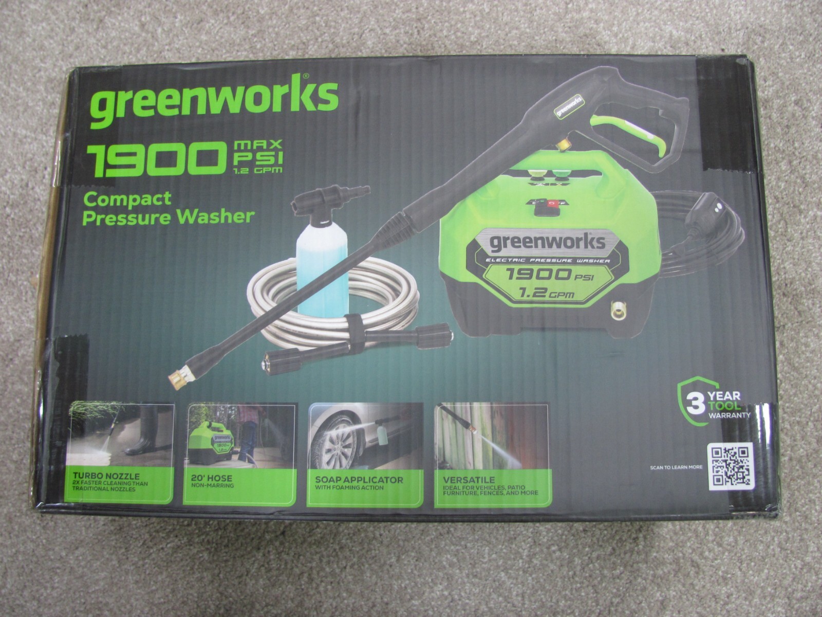 New Greenworks 1900 MAX PSI 1.2 GPM Electric Compact Pressure Washer (GPW1901)