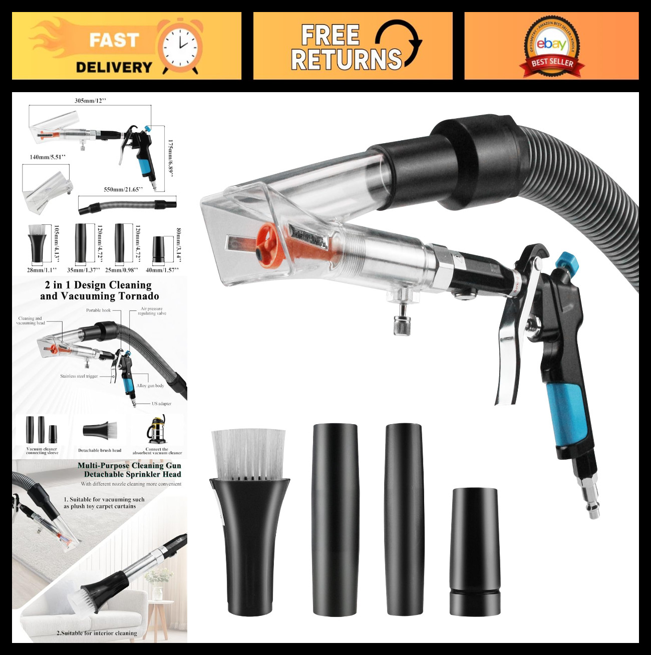 2-in-1 Car Interior Cleaning Gun & Vacuum Blower, Adjustable Air Flow Nozzle, Du
