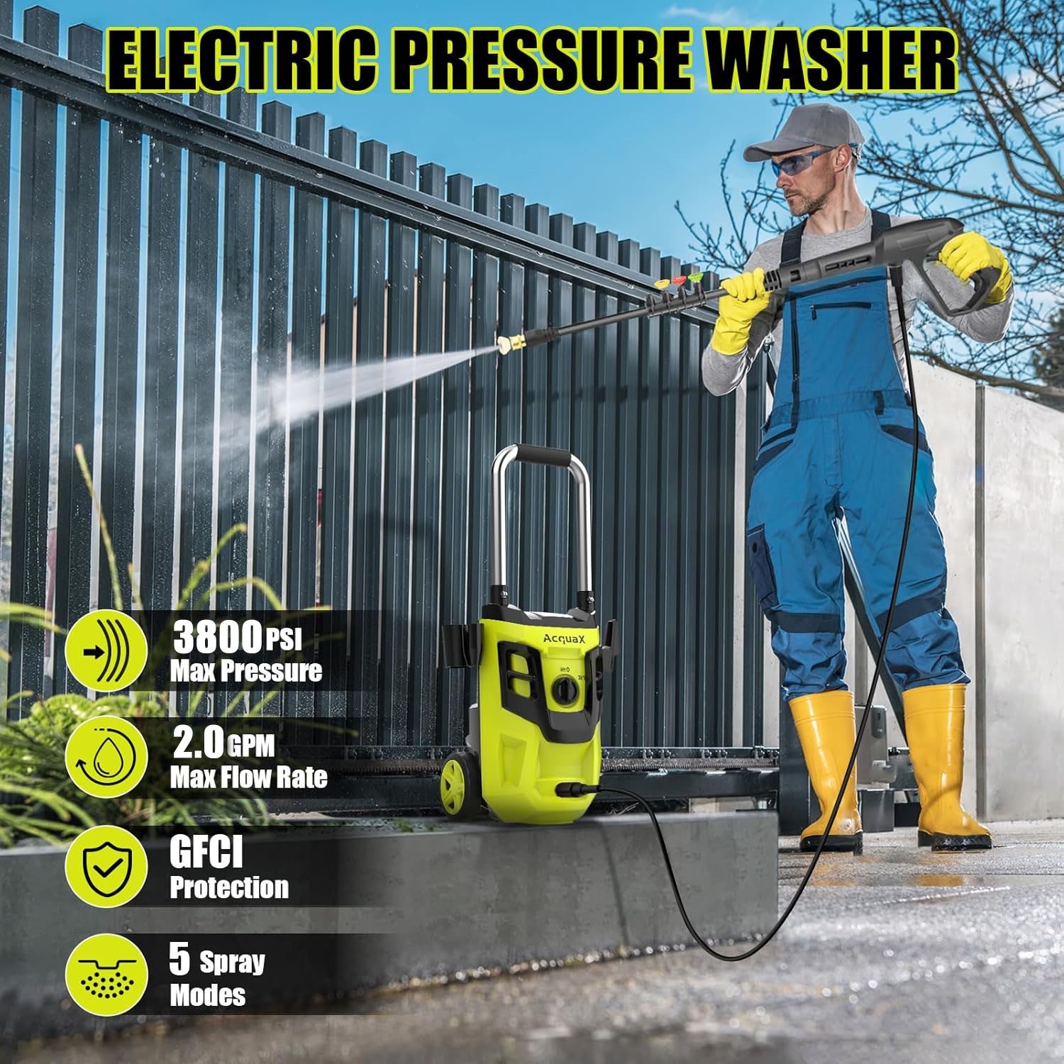 Electric Pressure Washer 3800 PSI Max 2.0 GPM Power Washer with 4 Nozzles Green