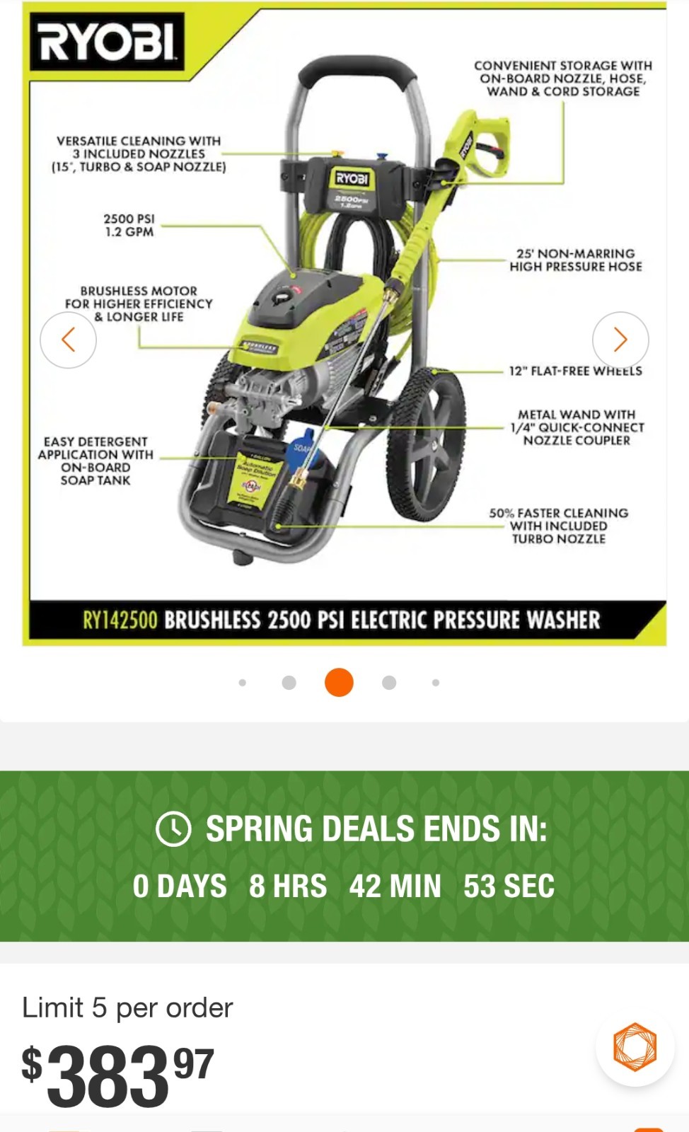 RYOBI 2500 PSI 1.2 GPM High Performance Cold Water Electric Pressure Washer