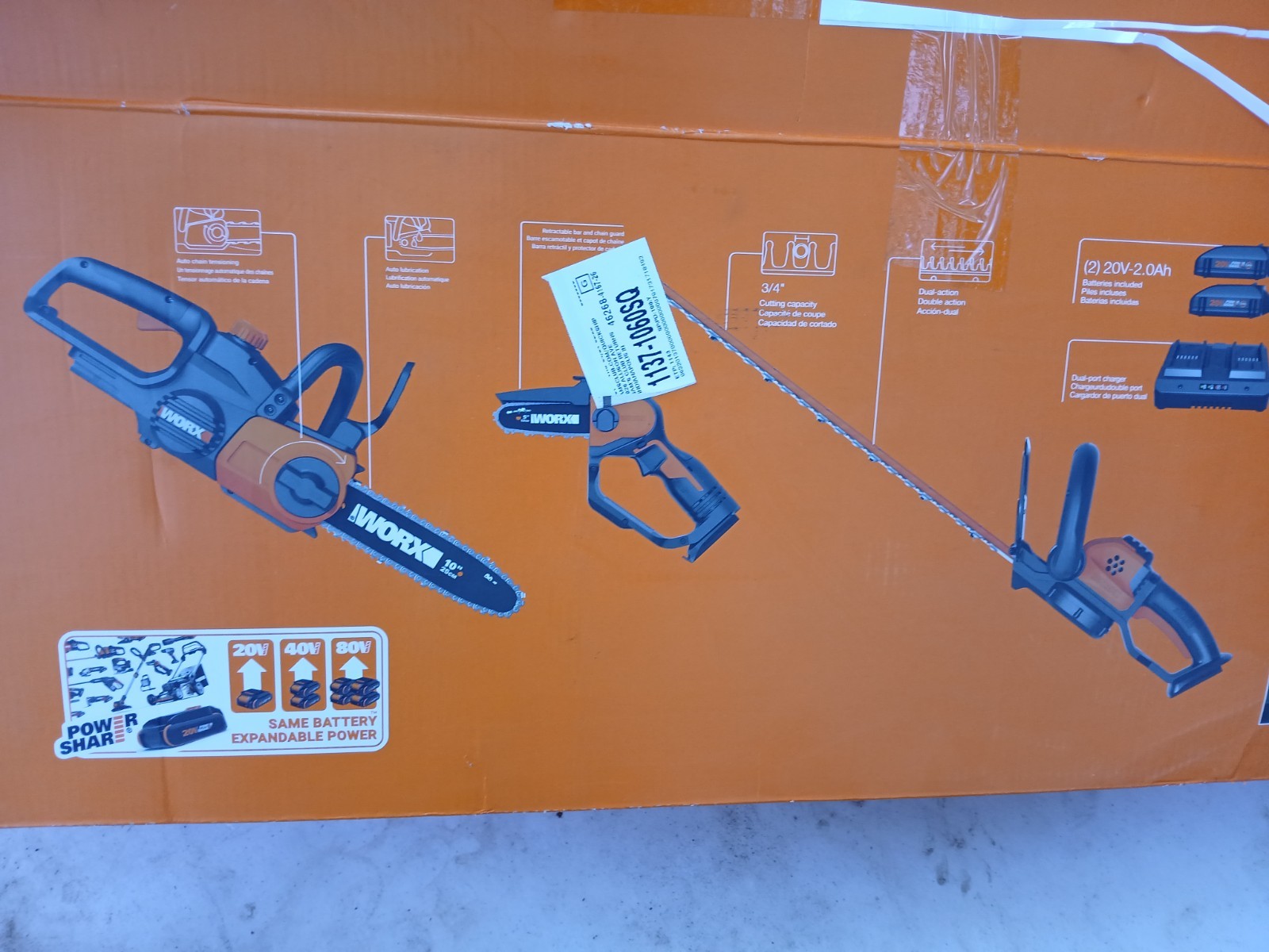 NEW OPEN BOX WORX WG937 20V 3-IN-1 KIT 22″ TRIMMER, 5″ PRUNE SAW 10″ CHAINSAW