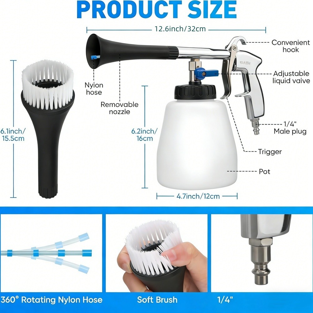 High Pressure Car Cleaning Gun Interior Detailing 3 Nozzle Kit With Bottle