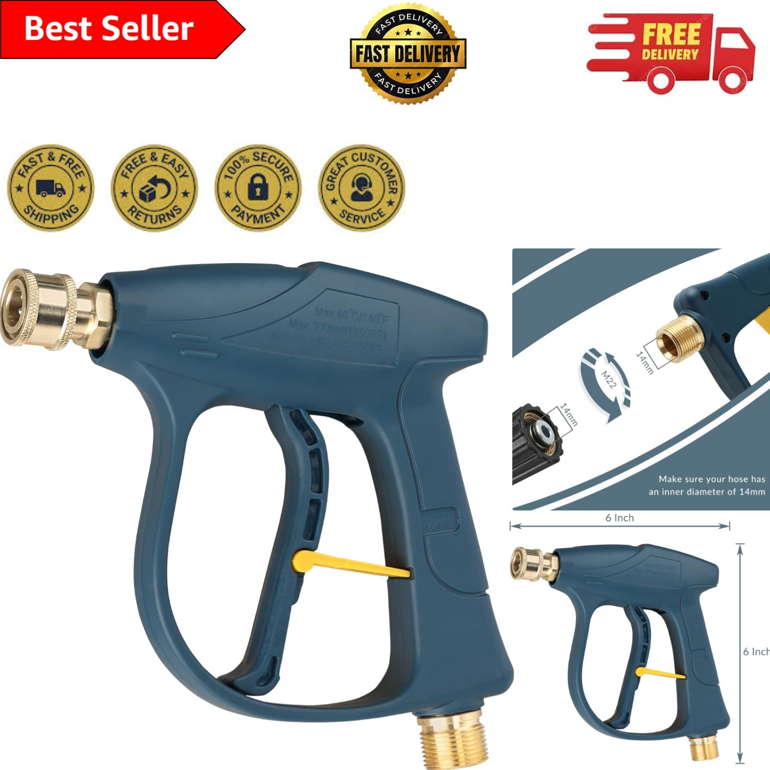 Efficient High Pressure Washer Gun – 25 LPM Flow Rate and Safety Lock Feature