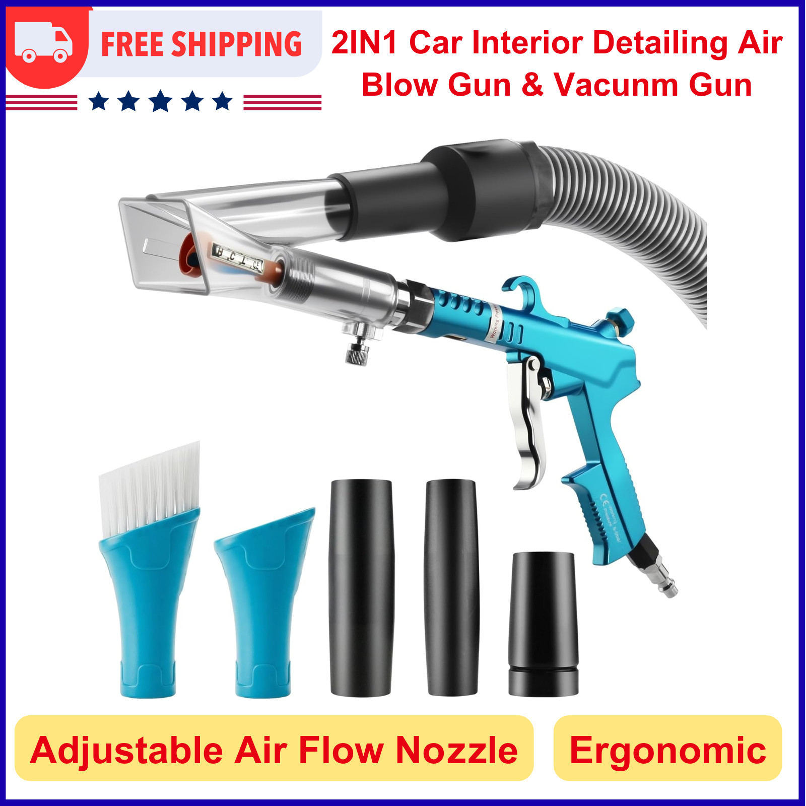 2IN1 Car Interior Detailing Air Blow Gun&Vacunm Gun W Adjustable Air Flow Nozzle