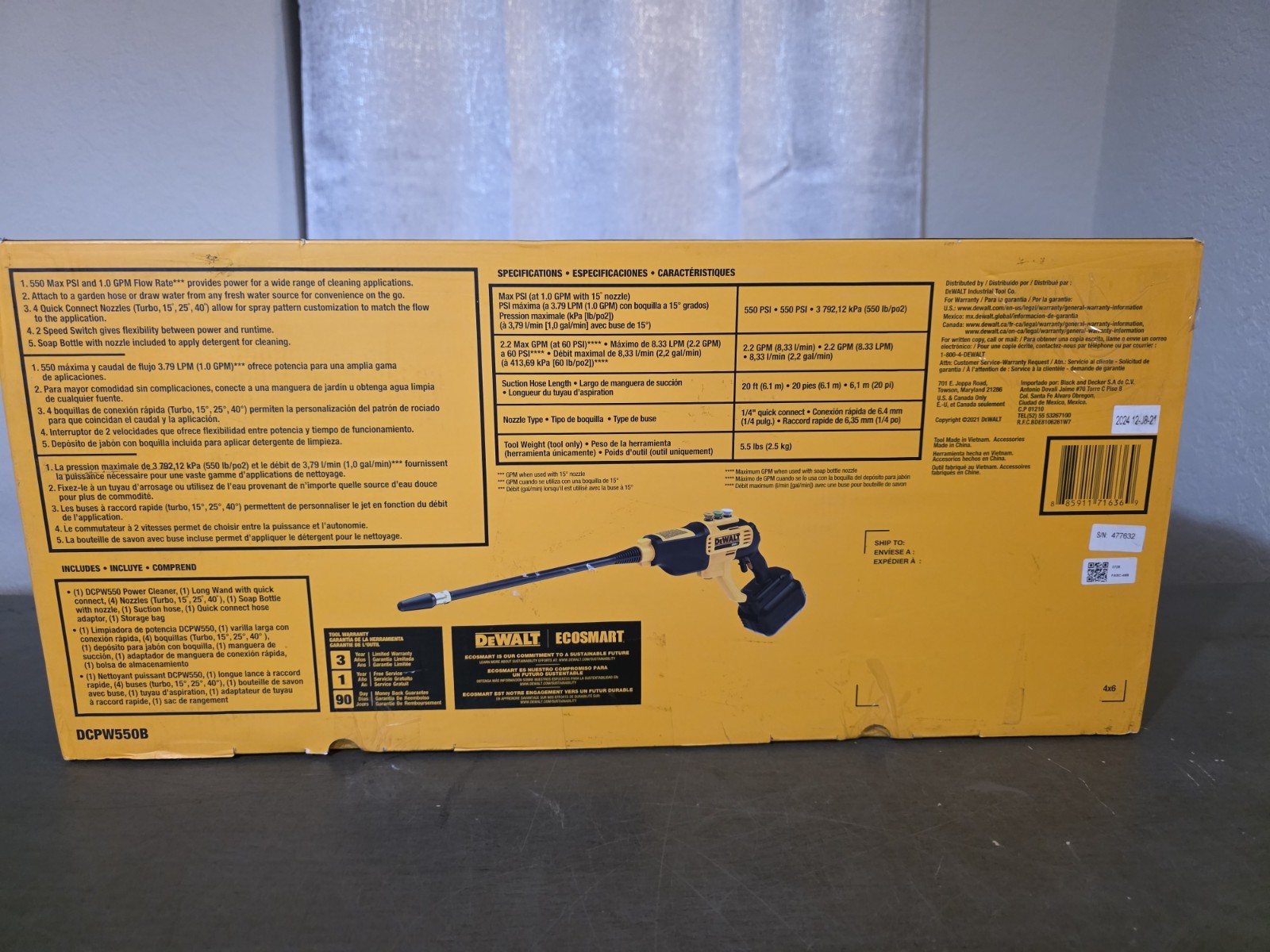 DEWALT 20V MAX 550 PSI Cold Water Power Cleaner (TOOL ONLY) DCPW550B
