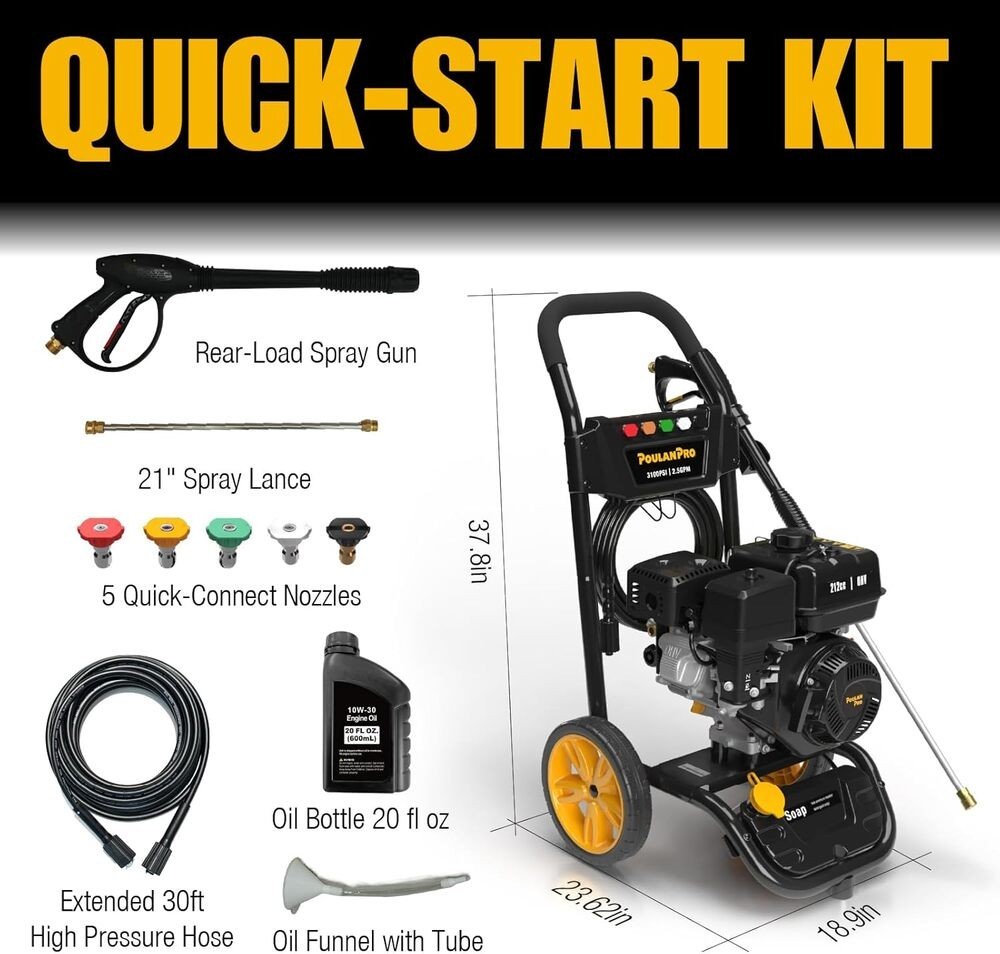 3100 Max PSI 2.5 Max GPM Gas Pressure Washer Detergent Tank Deck Water Cleaner