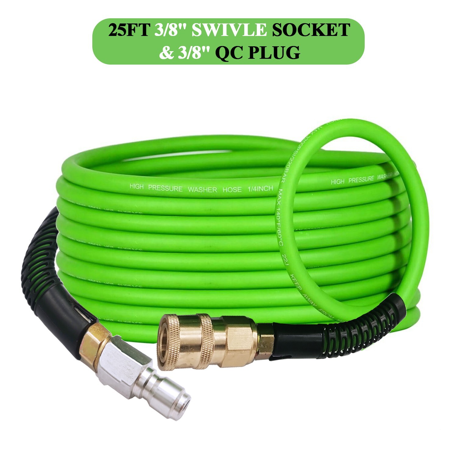 Super Flexible High Pressure Washer Hose 1/4″, 3/8 Inch Swivle Quick Connect 25′