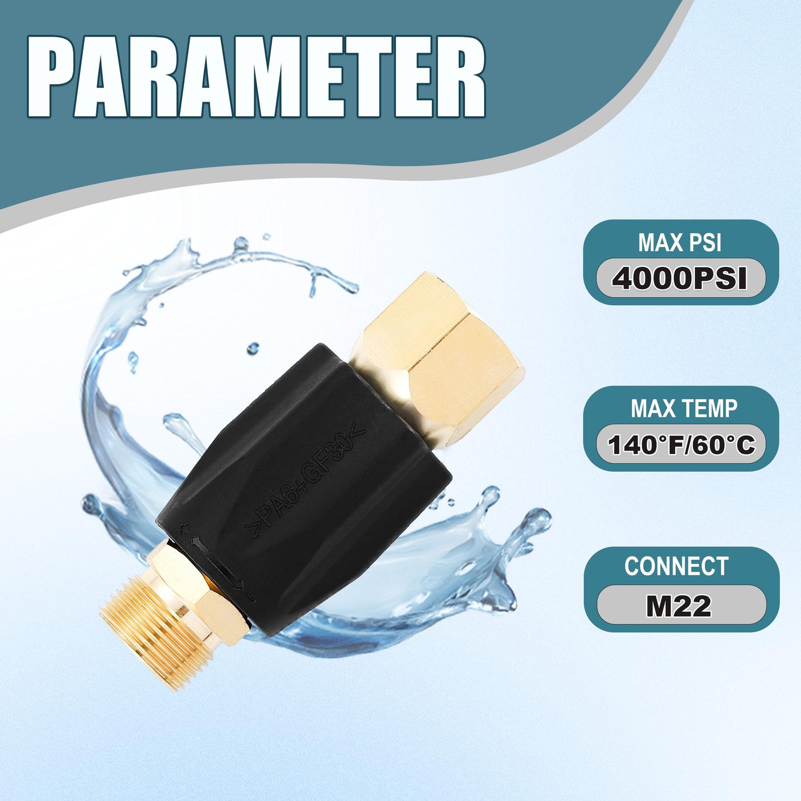 Adjustable Pressure Washer Regulator, M22 Connector, Rated up to 4000 PSI