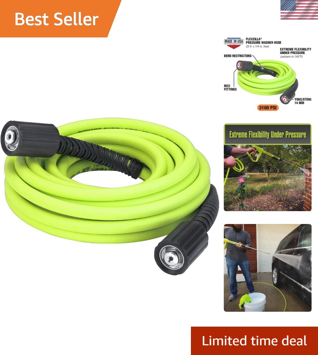 Flexible Pressure Washer Hose – 25ft, M22 Fittings, 3100 PSI Capability
