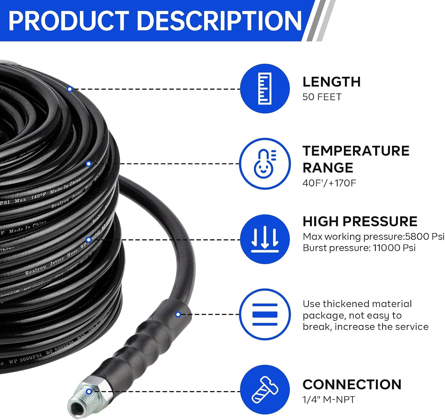 Sewer Jetter Kit 50FT for Pressure Washer, Pressure Washer Drain Jetter with 580