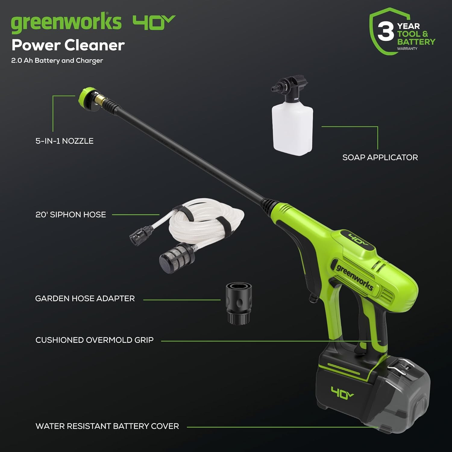 40V (600 PSI 0.8 GPM) Power Cleaner, 2Ah USB Battery and Charger Included