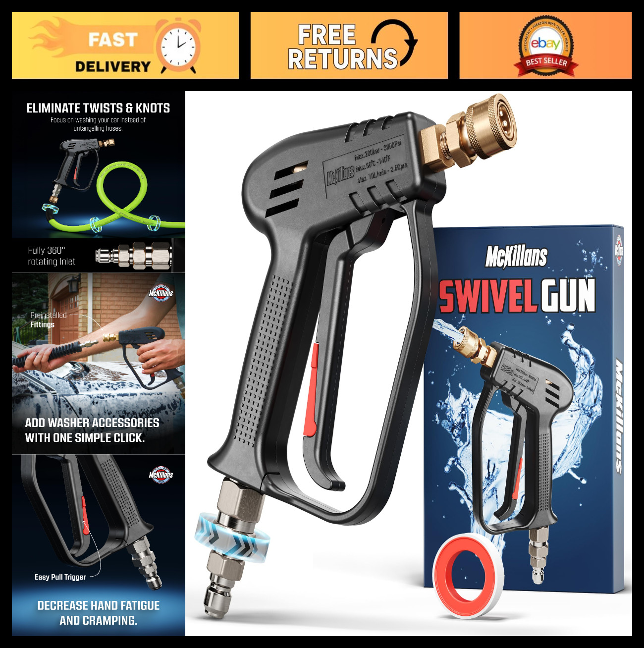 High Pressure Washer Gun with Swivel – 3/8″ Male Plug & 1/4″ Quick Connector – F