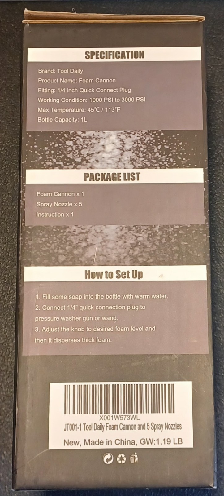 Tool Daily Foam Cannon – 1L Adjustable Snow Lance 1000-3000 PSI 5 Spray Tips -W