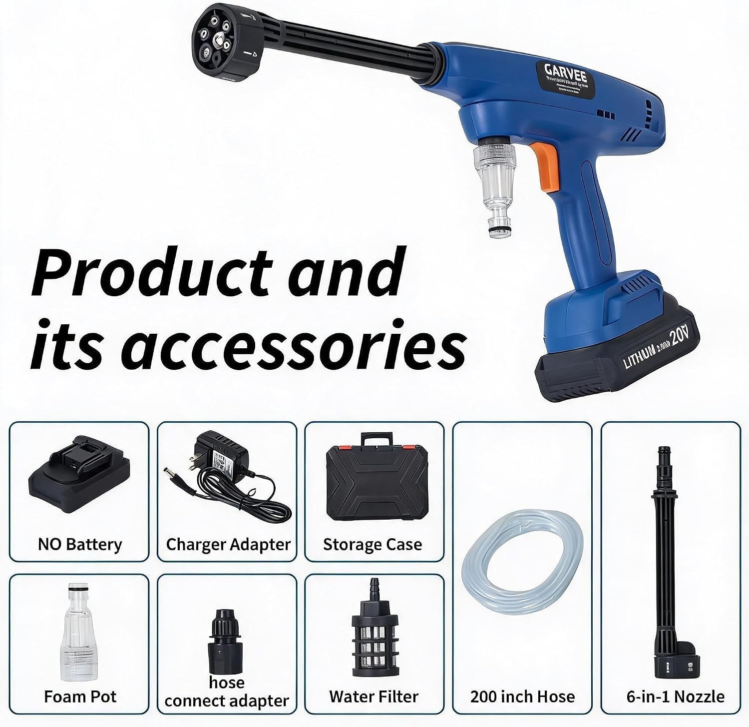 6-in-1 Cordless Portable Power Washer Nozzle Brush Motor Rechargeable Battery