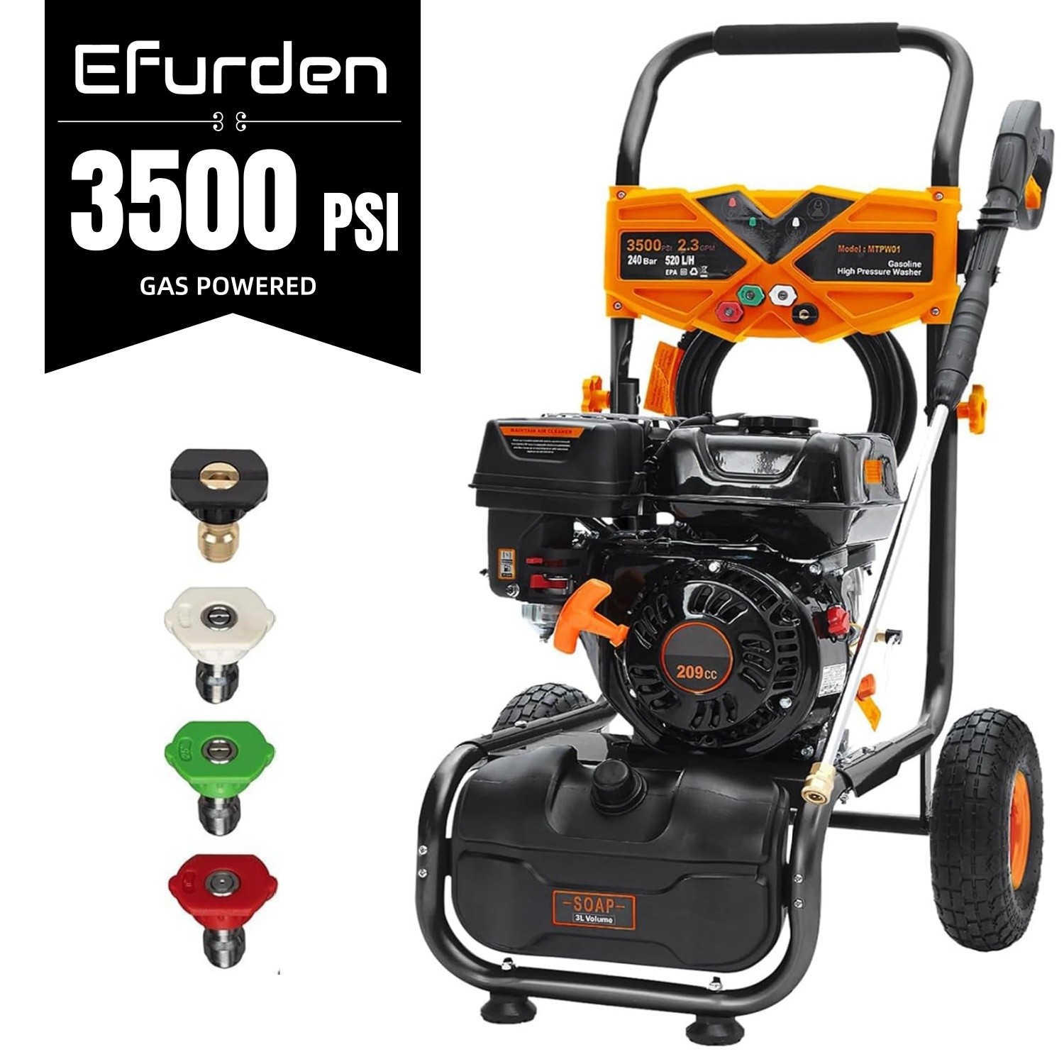 Efurden Gas Powered Washer 3500 PSI 2.3 GPM 209cc 4 Nozzles&Soap Tank Set