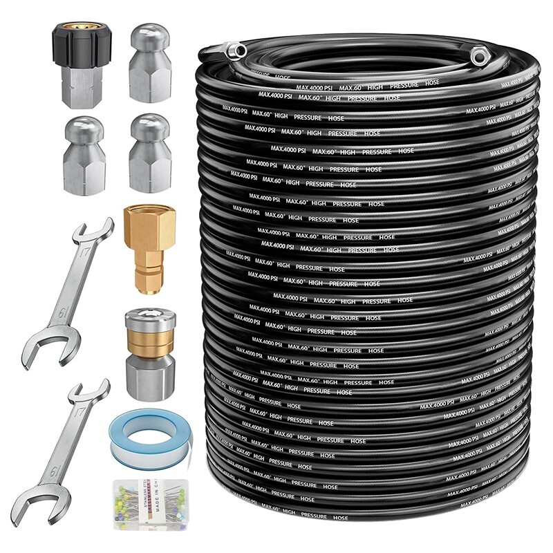 POHIR 150FT Pressure Washer Hose 1/4″ 4000PSI Sewer Jetter Nozzles Hose Kit