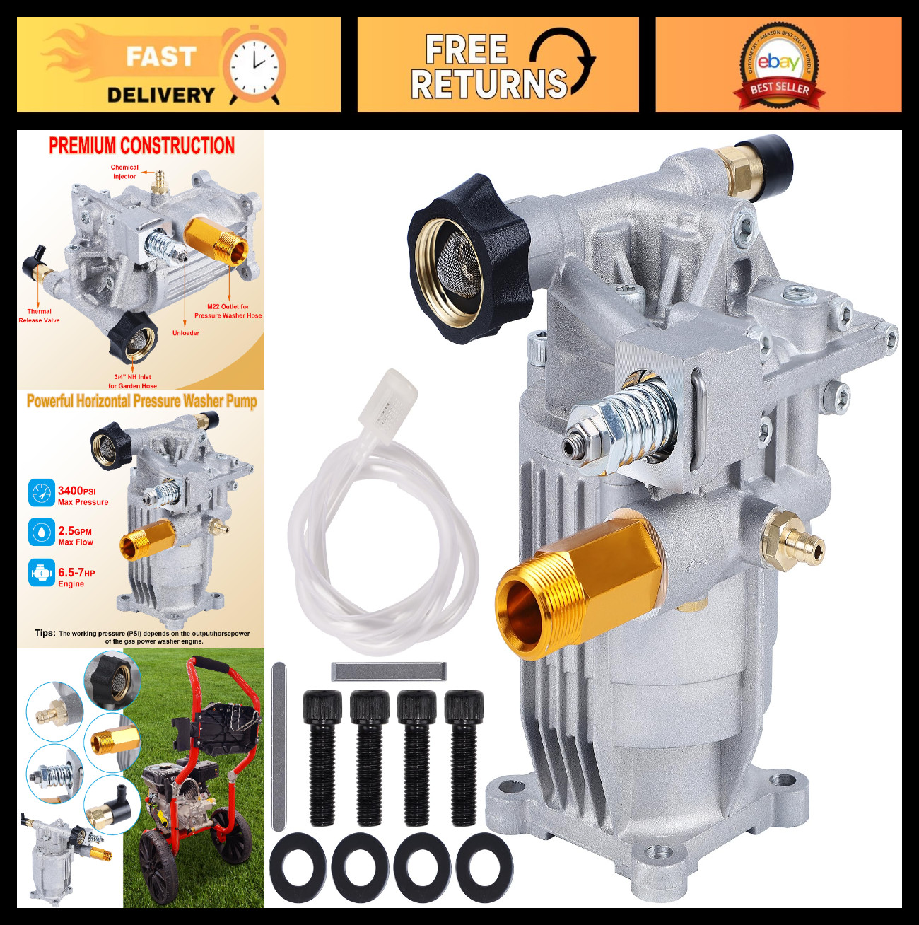 High-Performance 3400 PSI Pressure Washer Pump – 3/4″ Shaft, 2.5 GPM, Cold Water