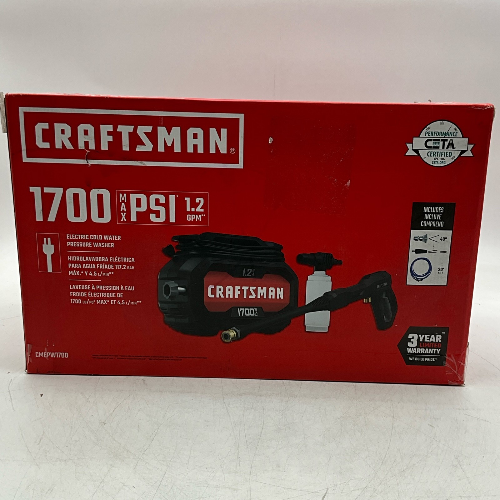 CRAFTSMAN Electric Pressure Washer, Cold Water, 1700-PSI, 1.2-GPM, CMEPW1700
