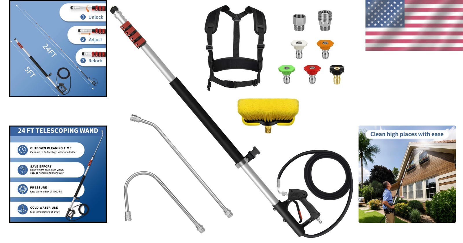 Ergonomic 24FT Extension Pole & Gutter Cleaner with 5 Nozzles for Easy Cleaning