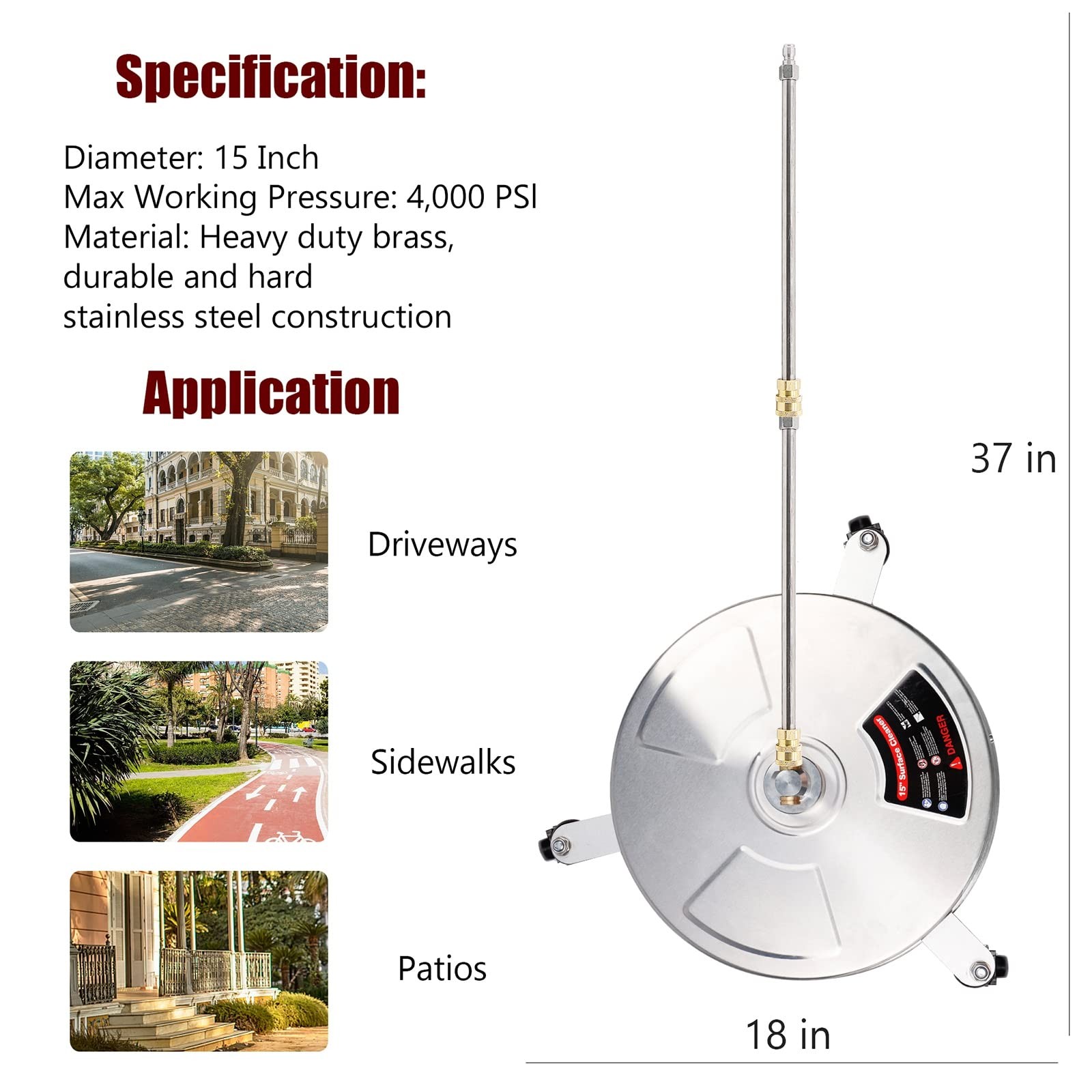 15″ Pressure Washer Stainless Steel Surface Cleaner With 3 Wheels & 1/4″ Quick C