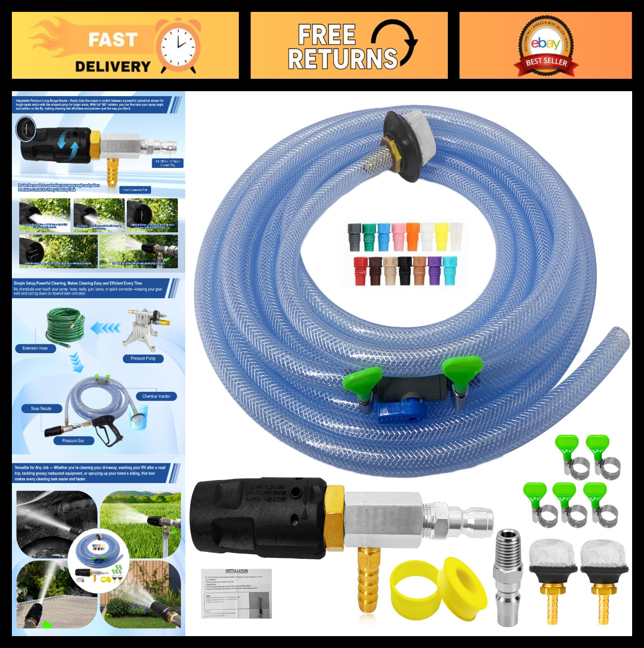 Adjustable Long Range Pressure Washer Nozzle Kit, 4-4.5 GPM, 15FT Hose, Chemical