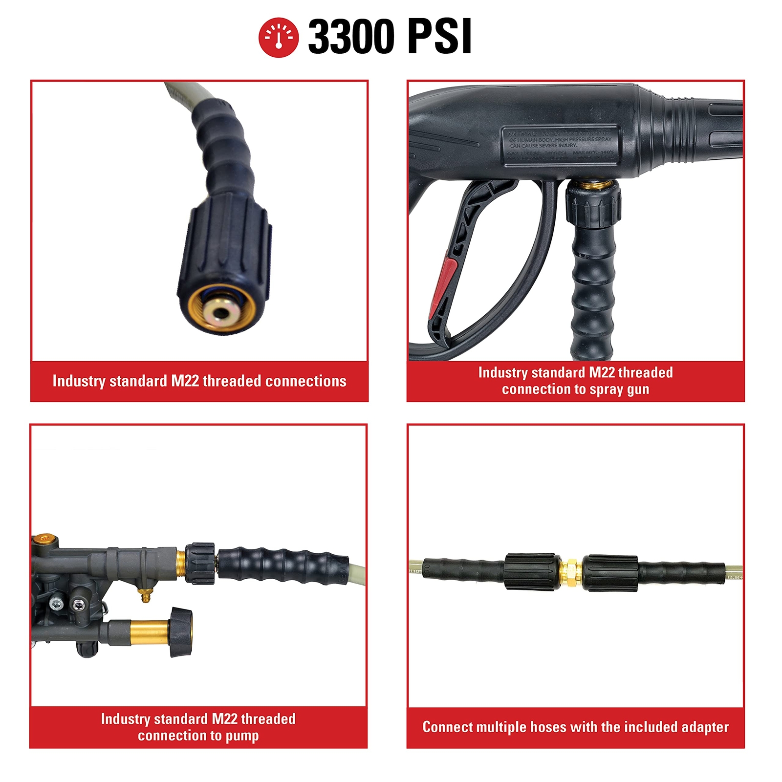 25ft MorFlex Pressure Washer Hose M22 Connector 3300 PSI Cold Water Compatible