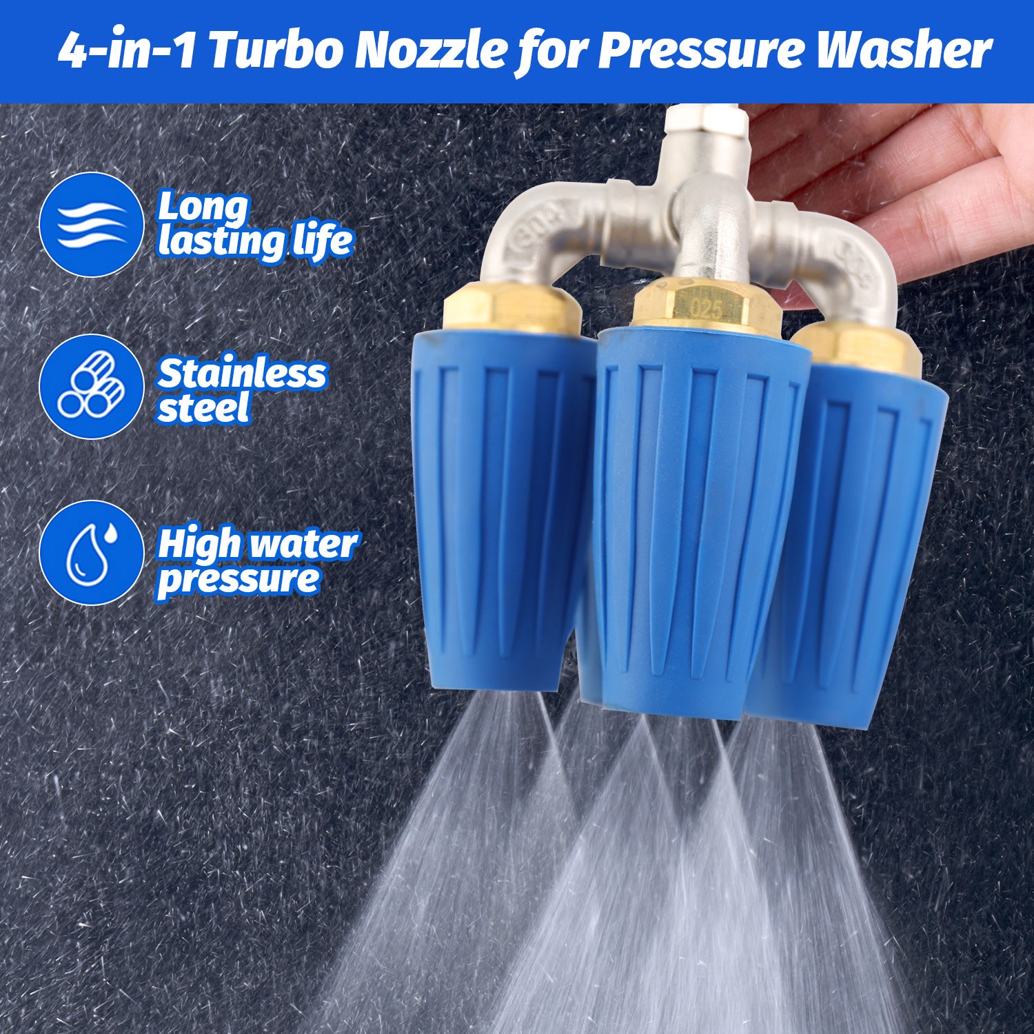 360° Rotating Pressure Washer Four Turbo Nozzle 1/4″ Quick Connector 2.5 Orifice