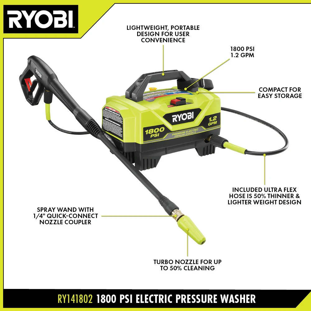 RYOBI 1800 PSI Corded Electric Cold Water Pressure Washer, On-Board Storage
