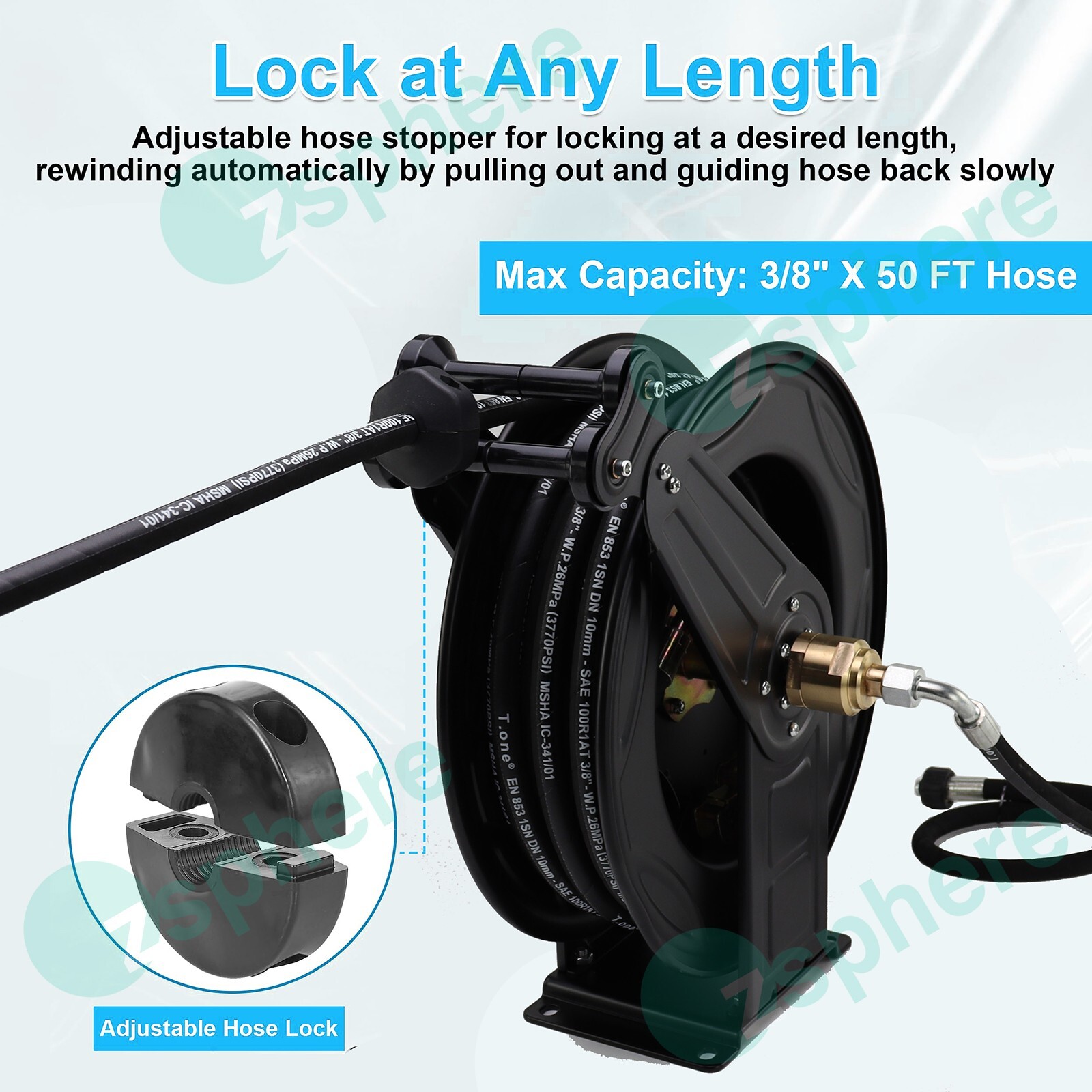 Pressure Washer Hose Reel Kit | 50′ Rubber Steel Hose and 4′ Jumper with 3/8″ QC