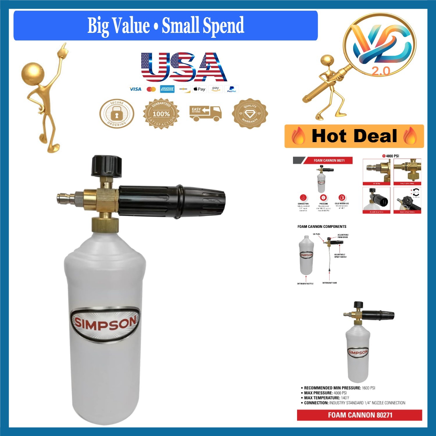Pressure Washer Foam Cannon 1L White for Up to 4000 PSI