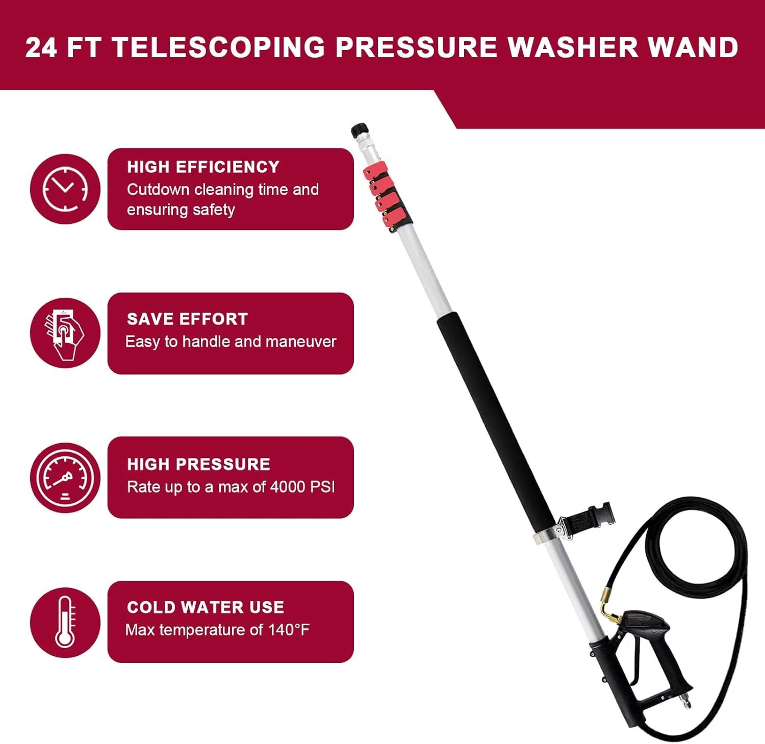 24 FT Telescoping Pressure Washer Wand with Pressure Washer Extension Wand,Brush