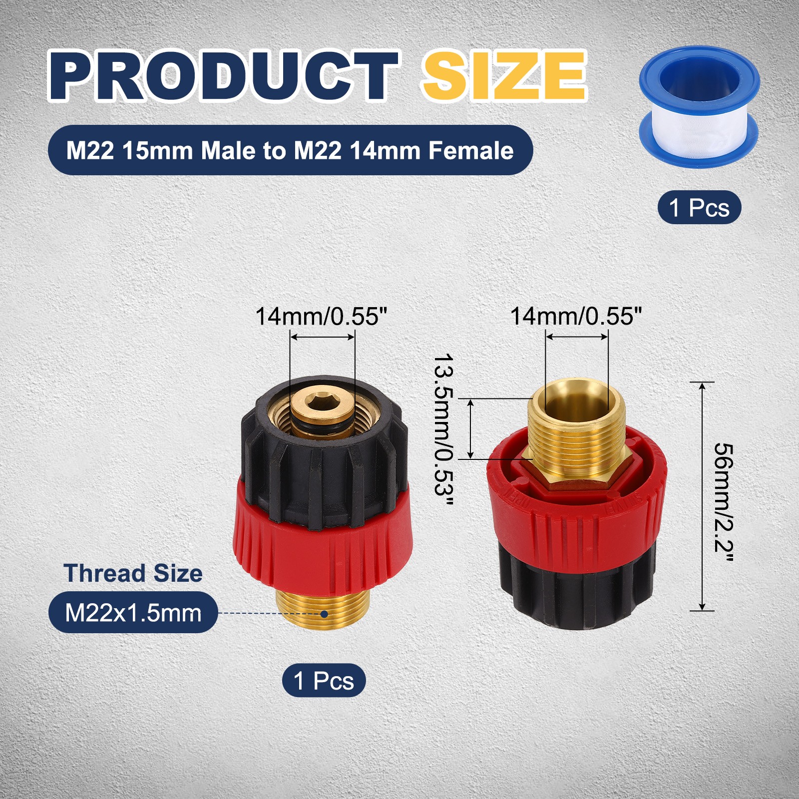 M22 15mm Male to M22 14mm Female Red Black Pressure Washer Adapter with Tape