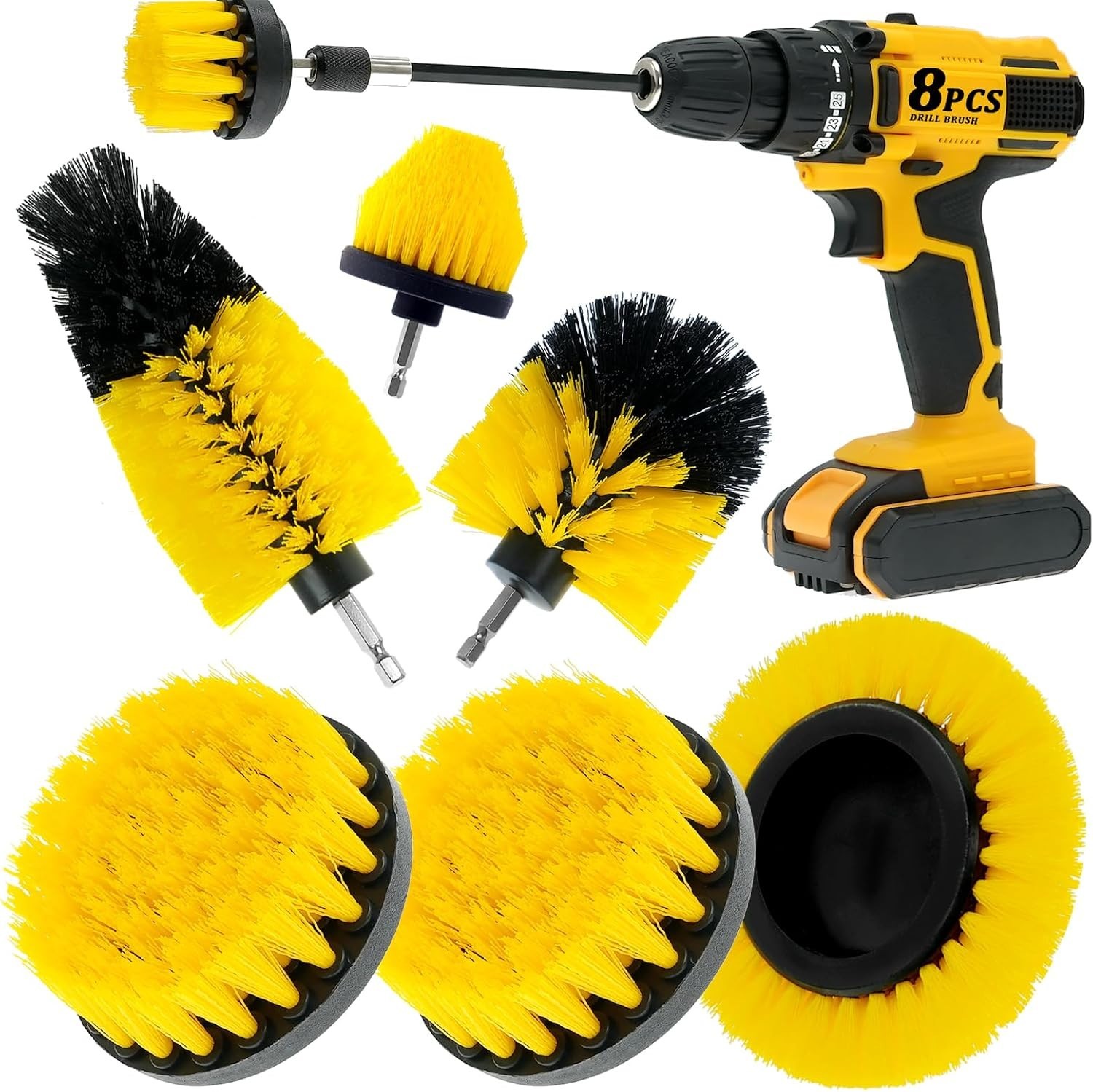8 Pcs Drill Brush Attachment Set, Power Cleaning Scrub Kit with Yellow