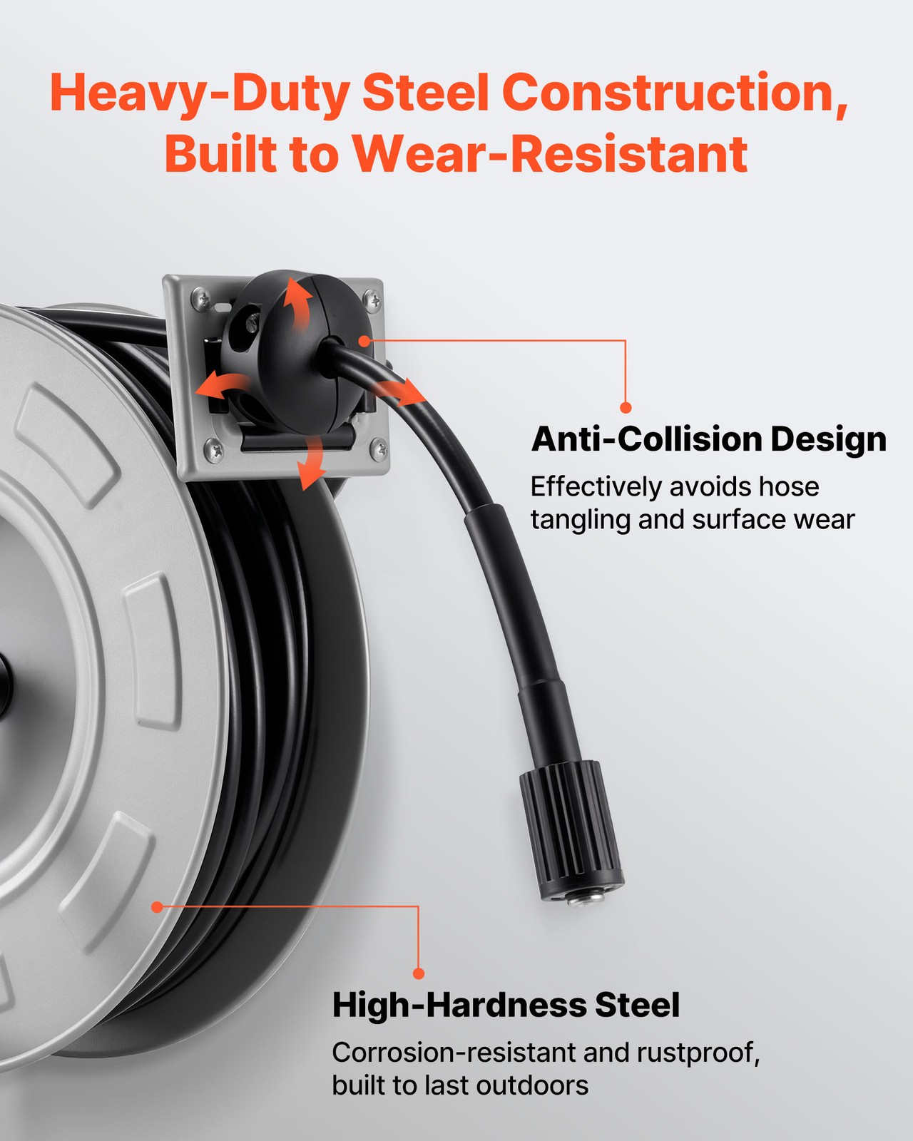 VEVOR Pressure Washer Hose Reel 65ft x 1/4in Retractable 3200PSI Auto-Rewinding