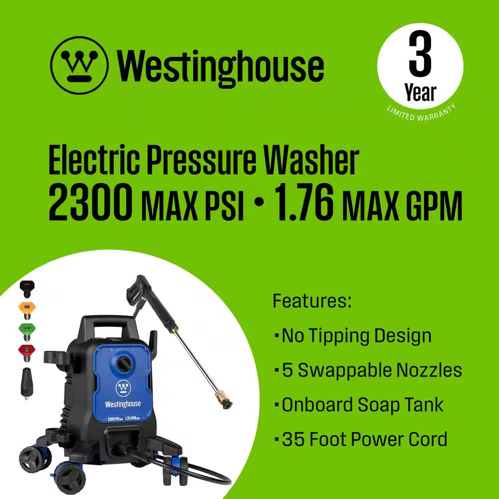 2300 Max PSI 1.76 Max GPM Cold Water Electric Pressure Washer 5- Tips