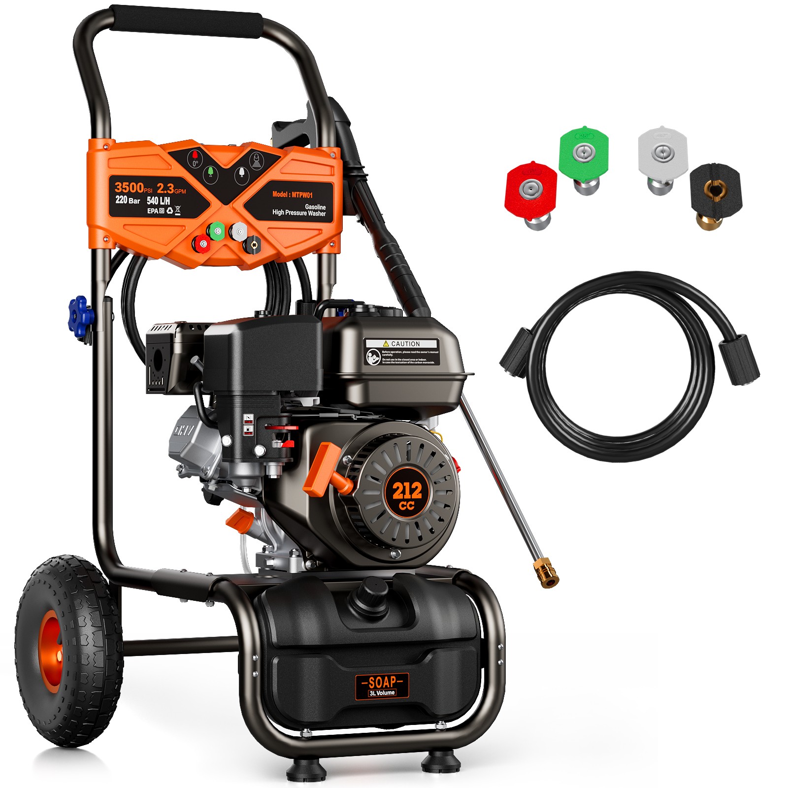 Mutaomay 3500PSI 2.3GPM Gas Cold Water Power Washer with Soap Tank&25ft Hose