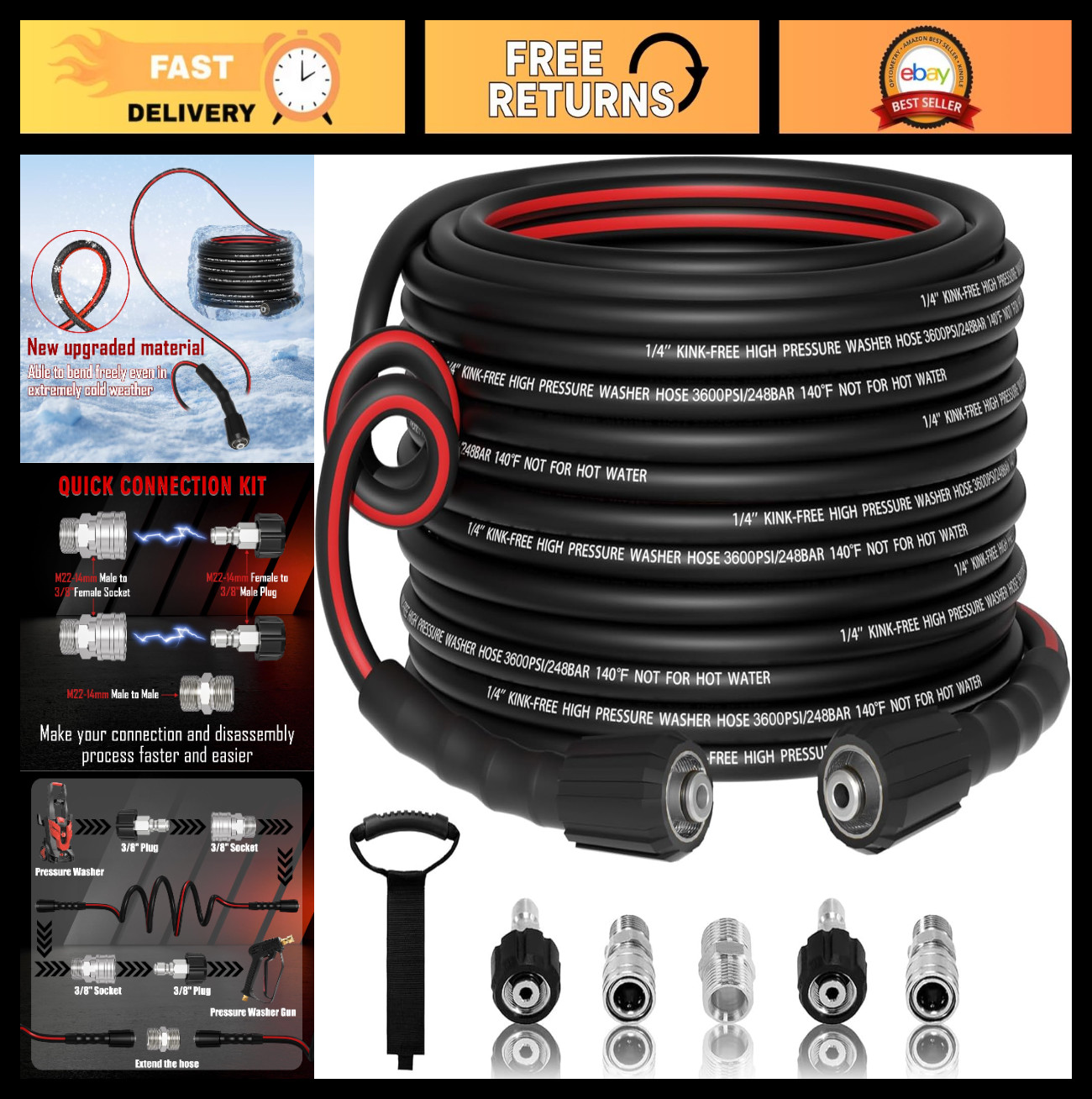 50FT 1/4″ Pressure Washer Hose, 3600PSI Kink Resistant, M22 & 3/8″ Quick Connect