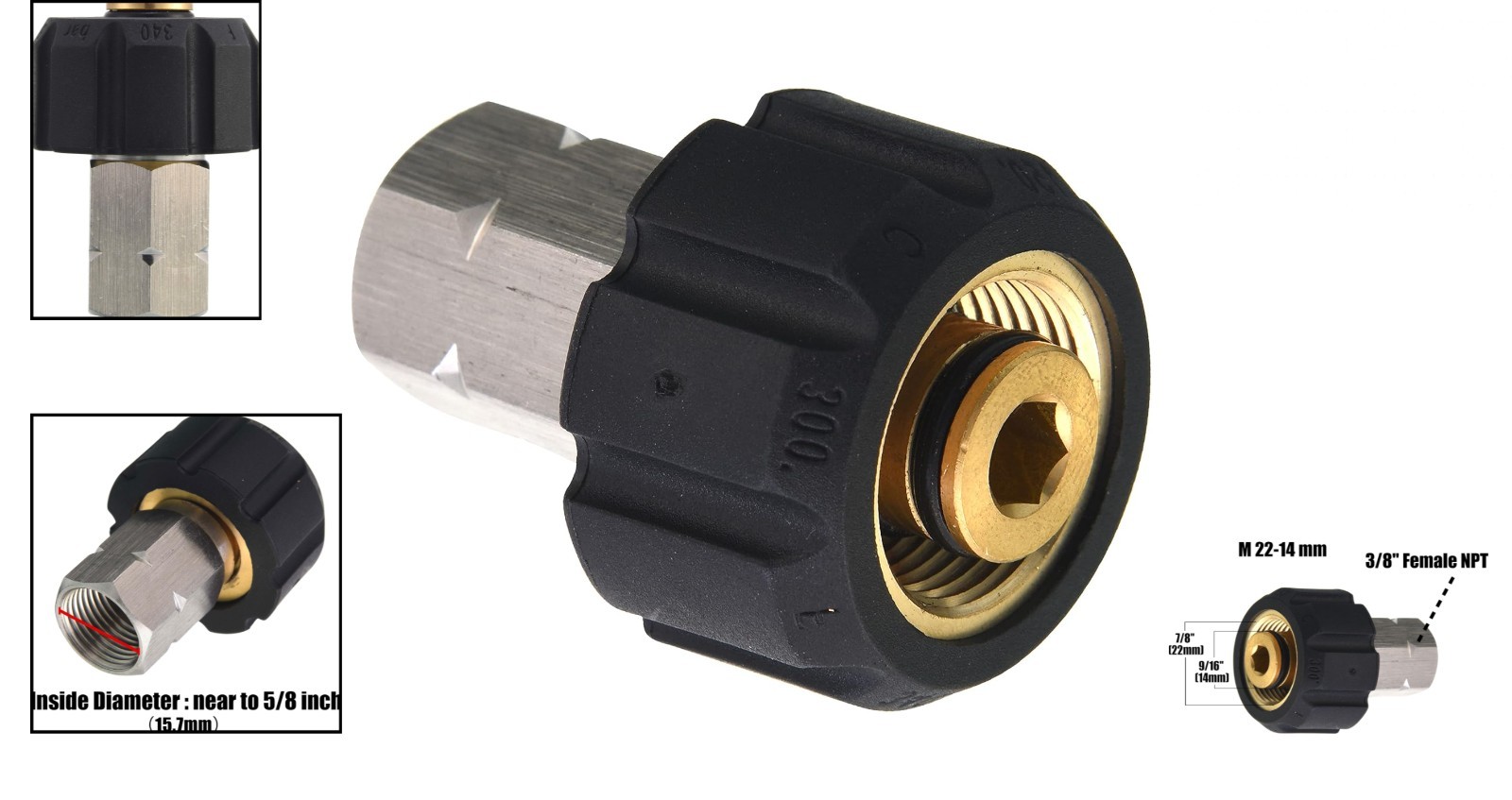 Pressure Washer Adapter M22 Female to 3/8 Inch NPT Fitting Stainless Steel 45…