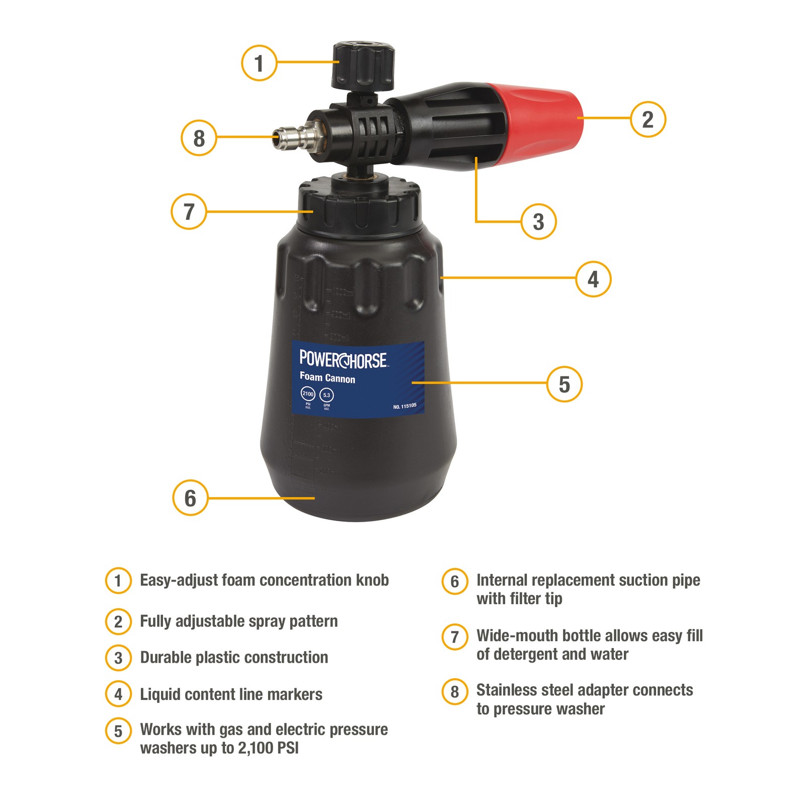 Powerhorse Foam Cannon, 2100 PSI, 5.3 GPM, 1-Liter Capacity