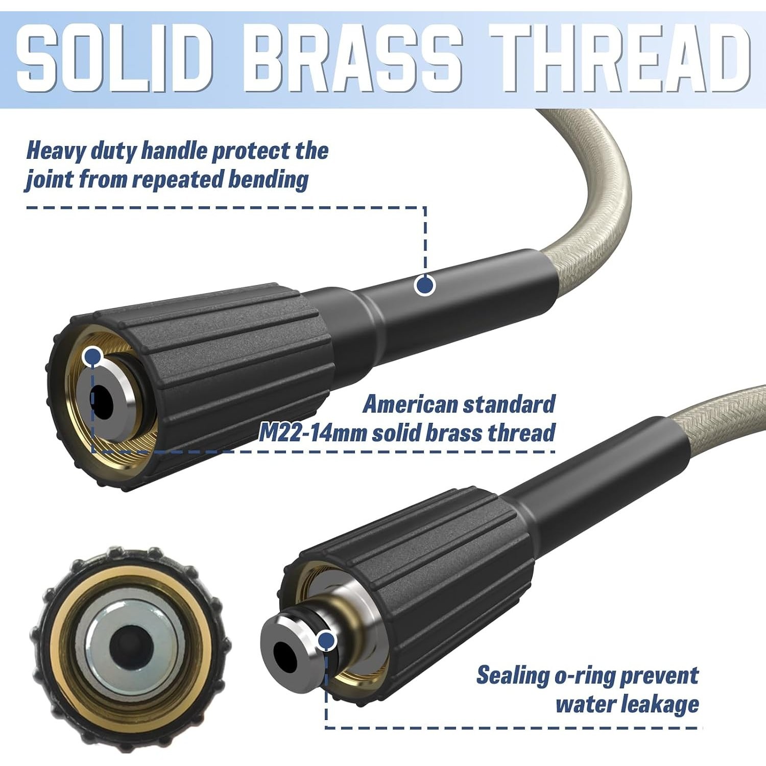 High Pressure 50 FT Replacement Hose for Power Washers M22-14mm Brass Fittings