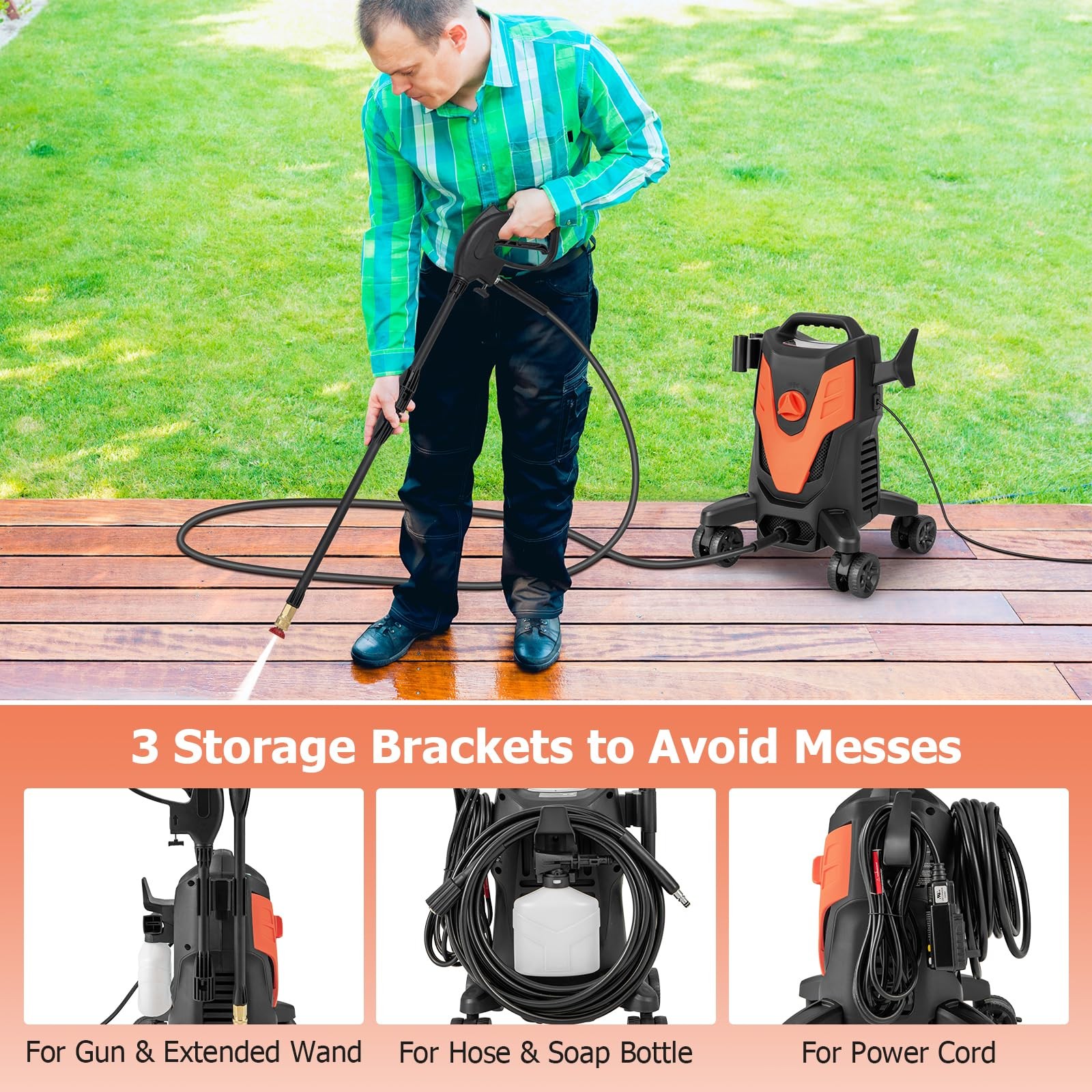 Costway Electric Pressure Washer 4 Universal Wheels 2400 Psi High Pressure