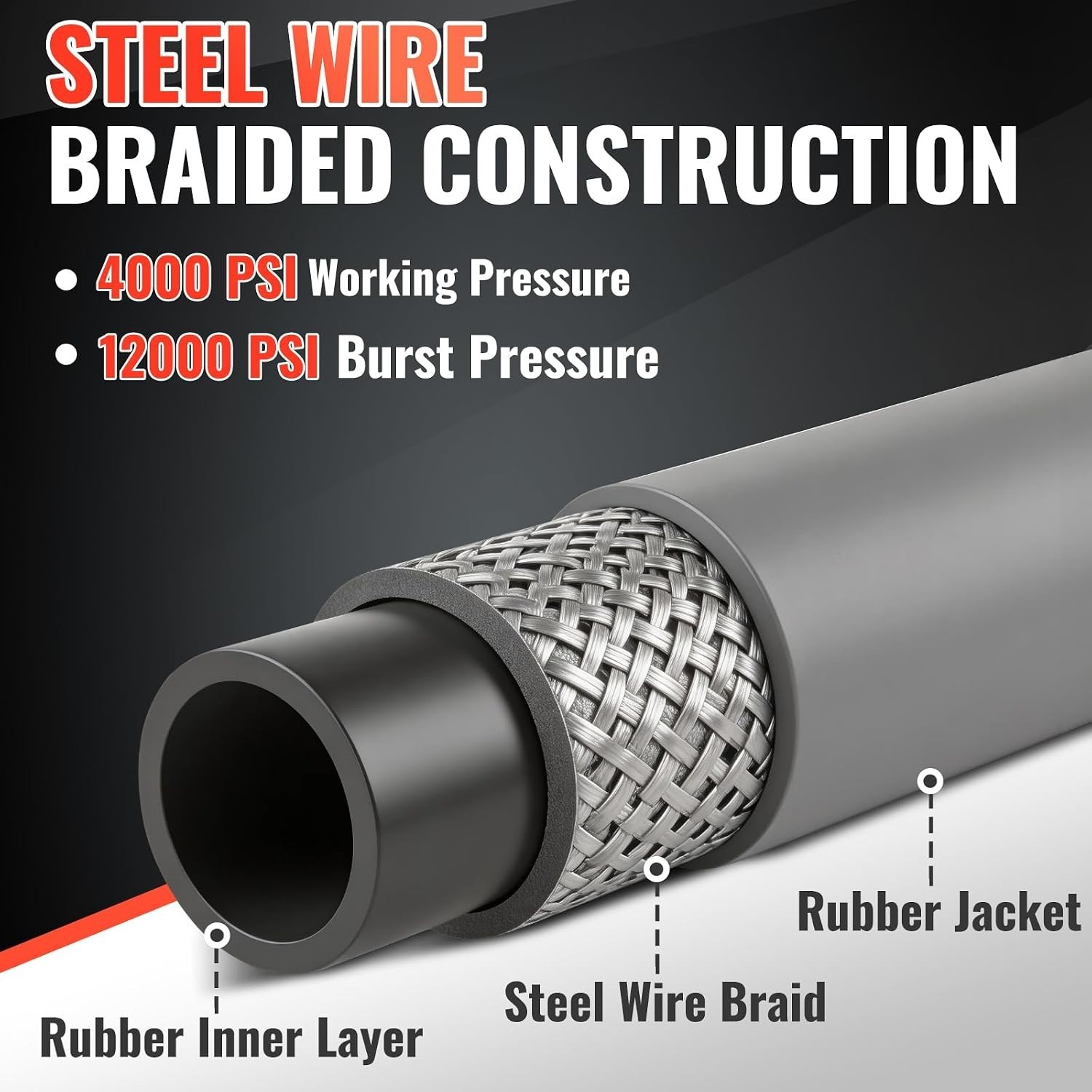 50FT 4000 PSI Steel Wire Braided Hot Water Power Washer Hose