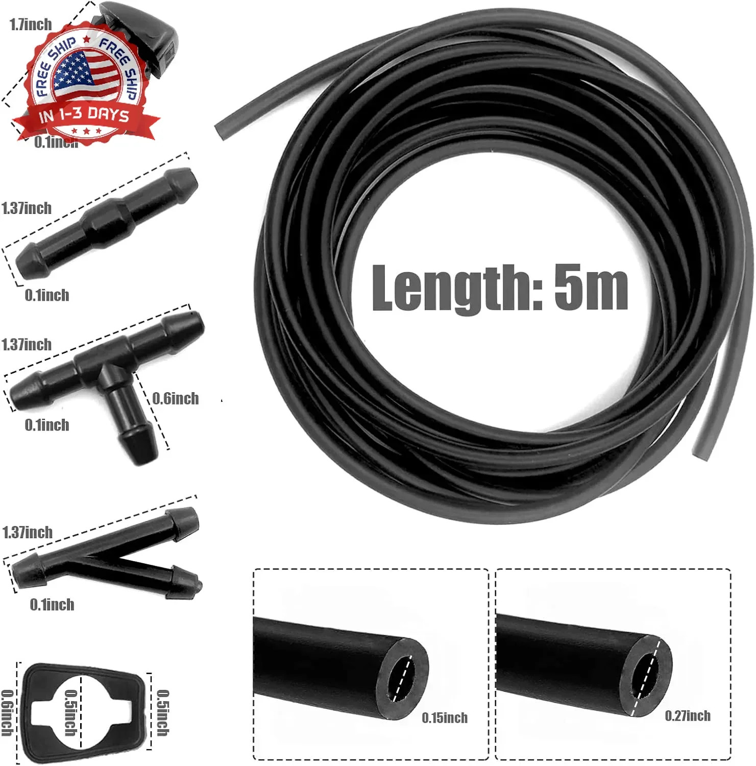 Windshield Washer Hose Kit, 5M Washer Fluid Hose+12 Pcs Hose Connectors+2 Fan No