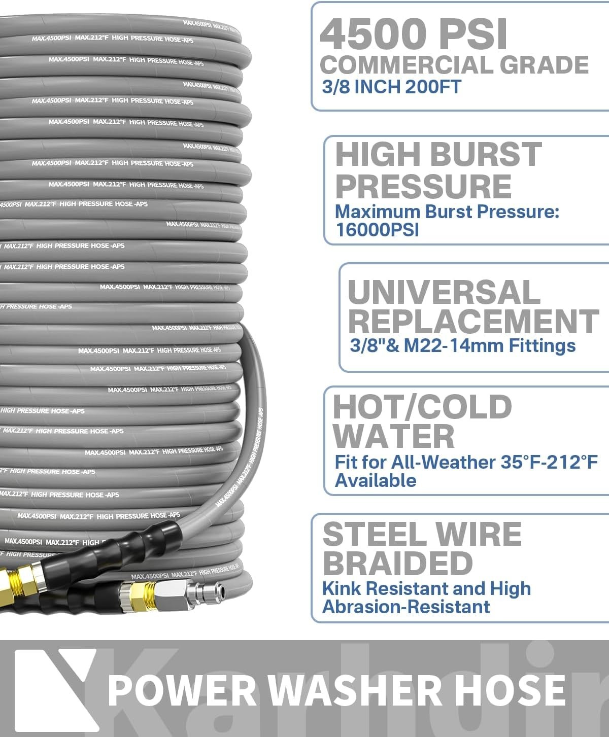 200FT Kink-Resistant Pressure Washer Hose 3/8