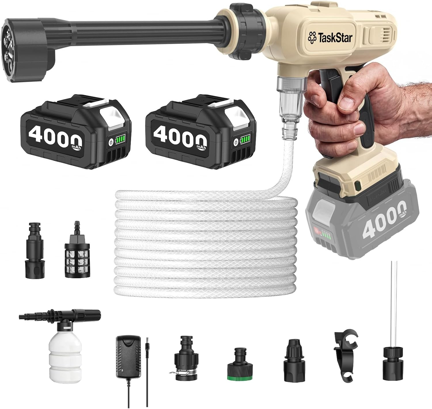 Portable Cordless 1250PSI High Pressure Power Washer | 2X 4.0Ah Batteries, Brush